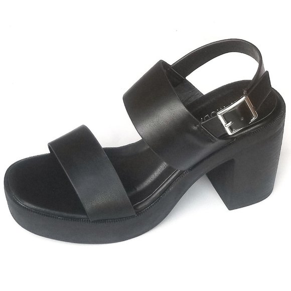 New Black Dual Band Platform Chunky Heel Strap Sandals - Picture 1 of 4